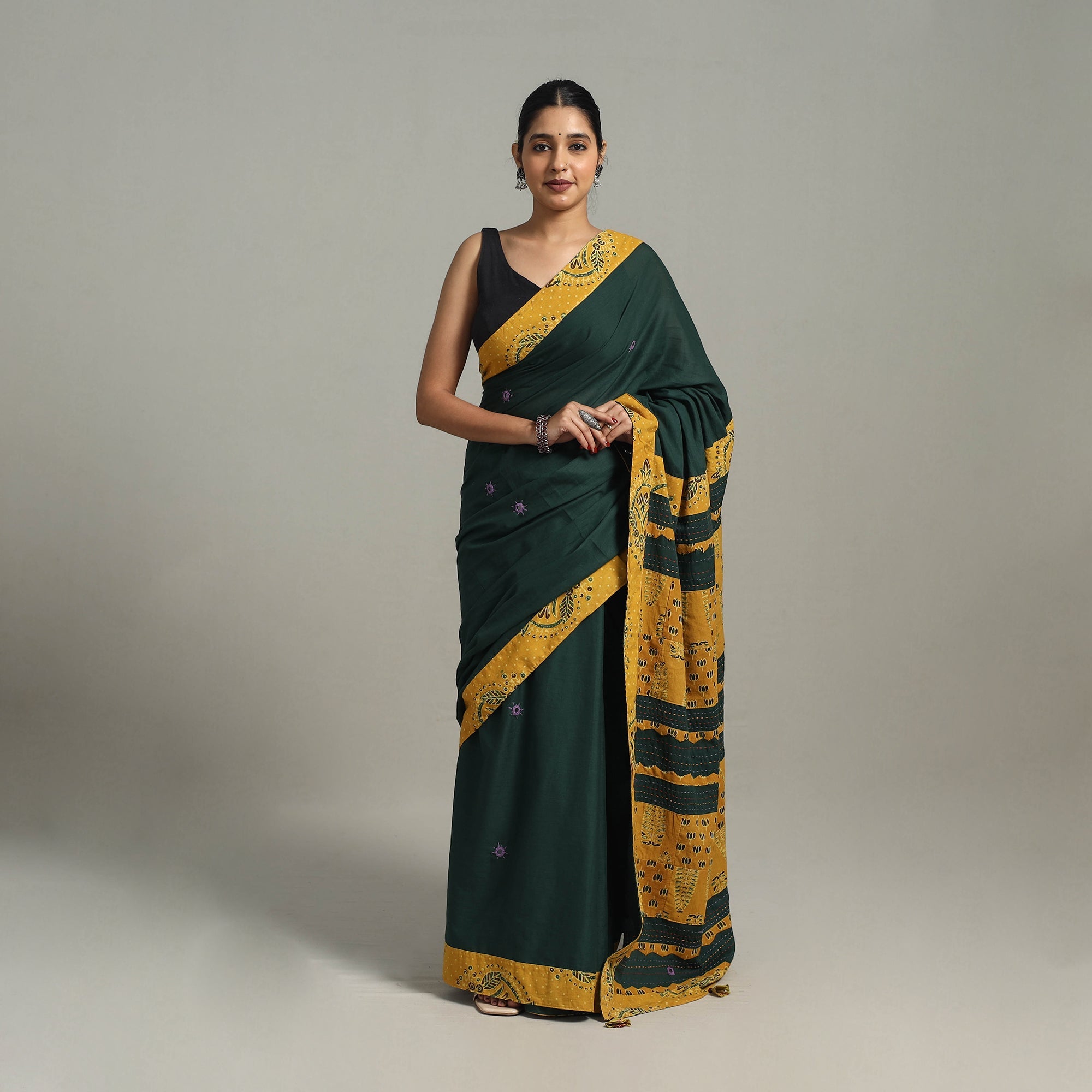 Buy Green Applique Patchwork Mul Cotton Tagai Ajrakh Saree 