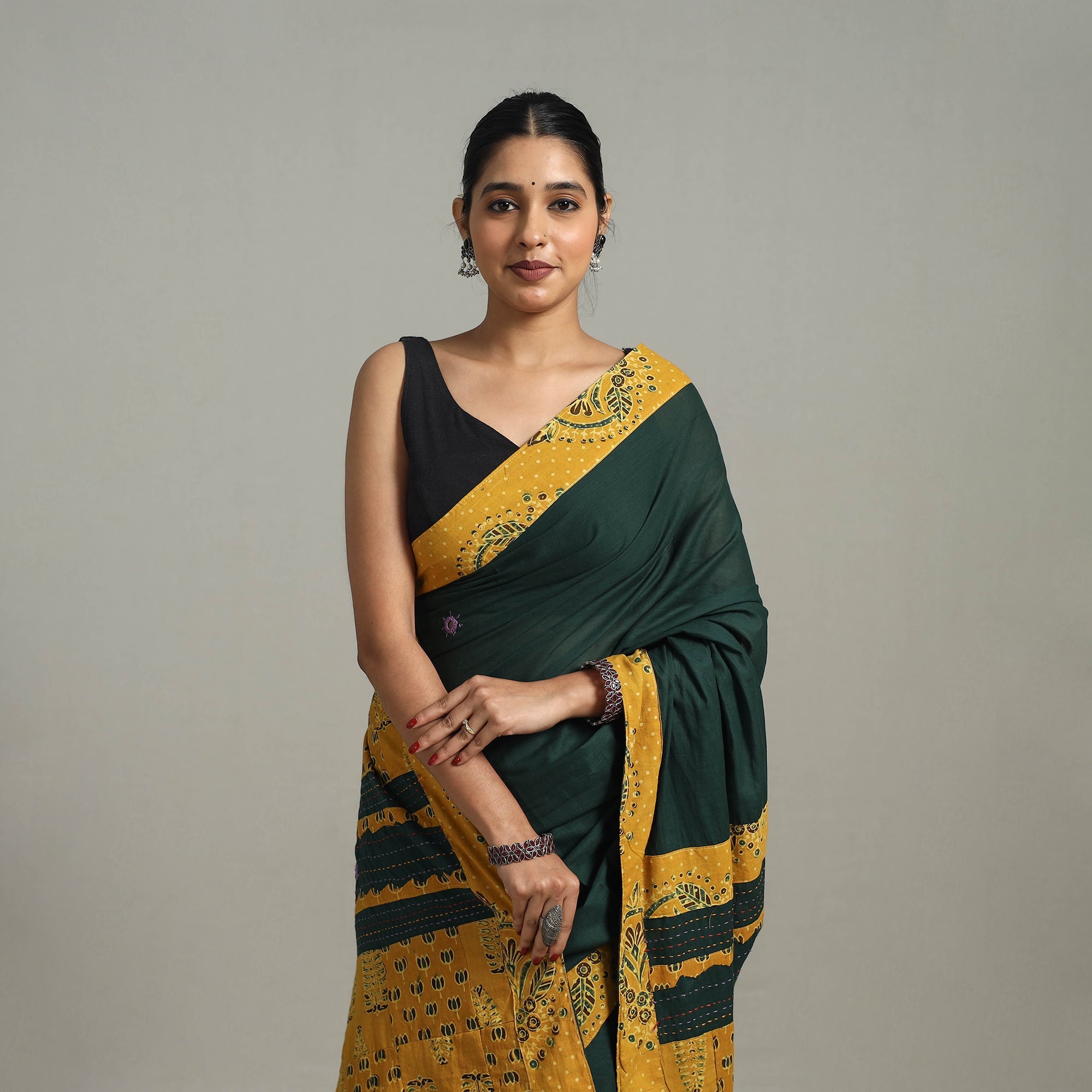 Buy Green Applique Patchwork Mul Cotton Tagai Ajrakh Saree 
