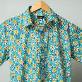 Green - aqua blue - sanganeri block printed cotton men half