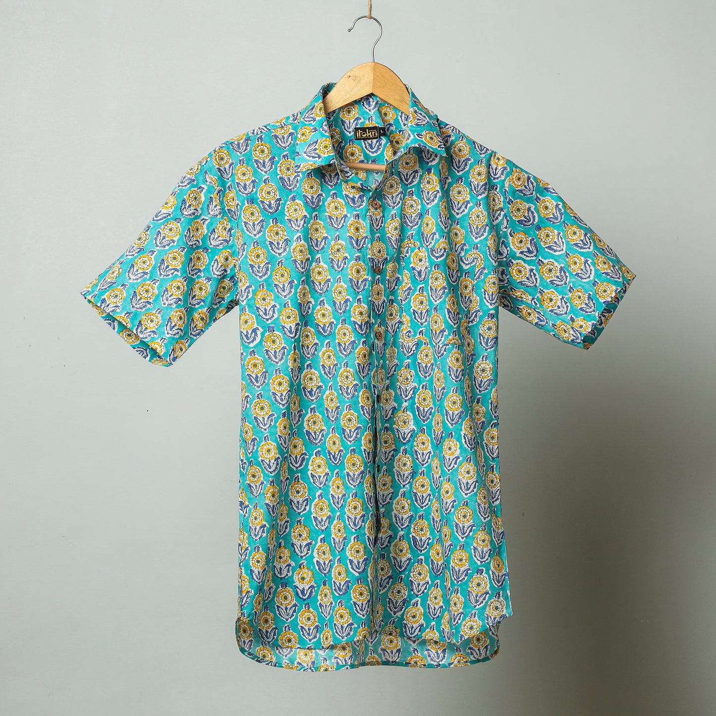 Green - aqua blue - sanganeri block printed cotton men half