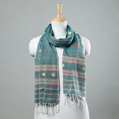 Assam Weave Handloom Cotton Thread Motifs Stole with Tassels 
