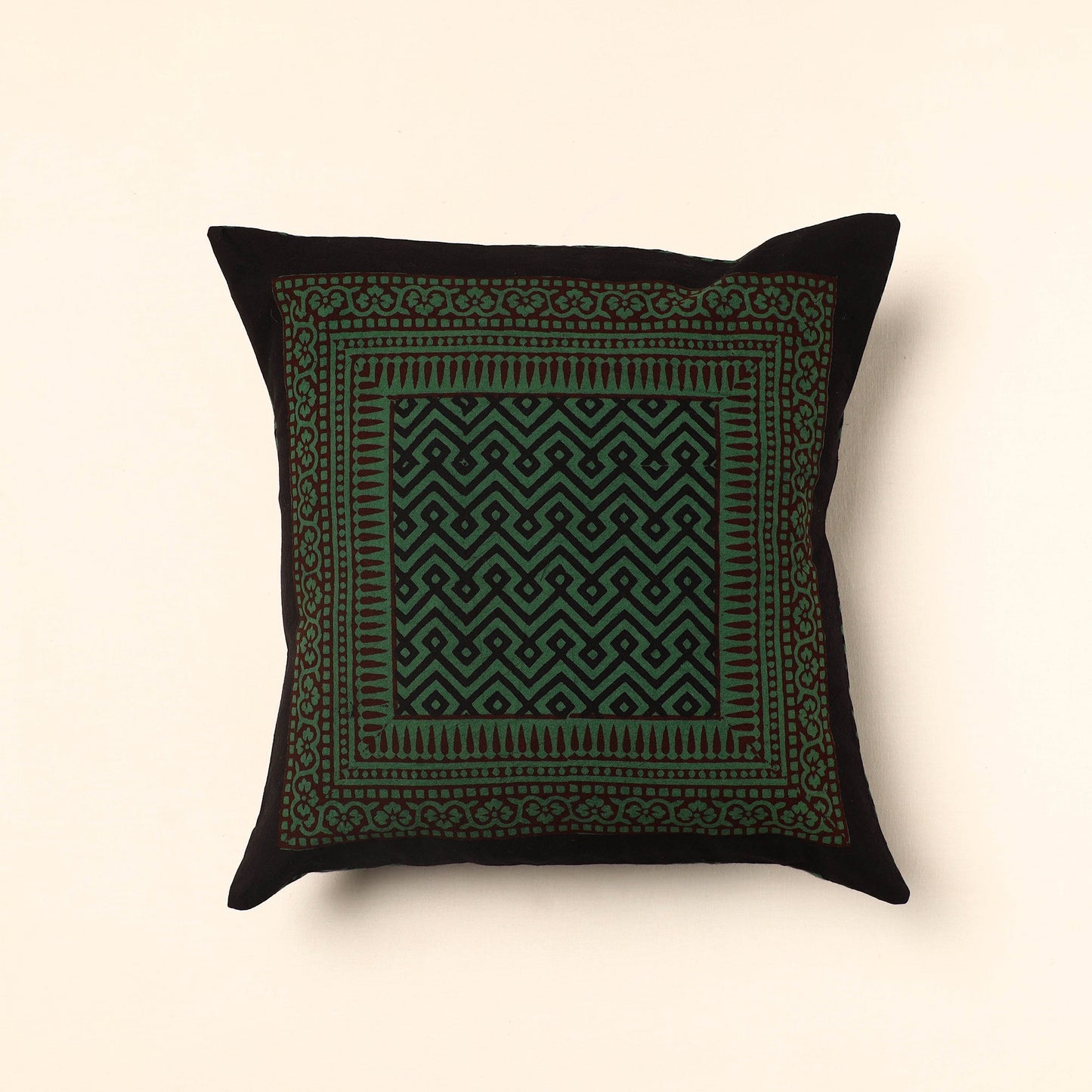 Green - Bagh Block Printed Cotton Cushion Cover (16 x 16 in) 05