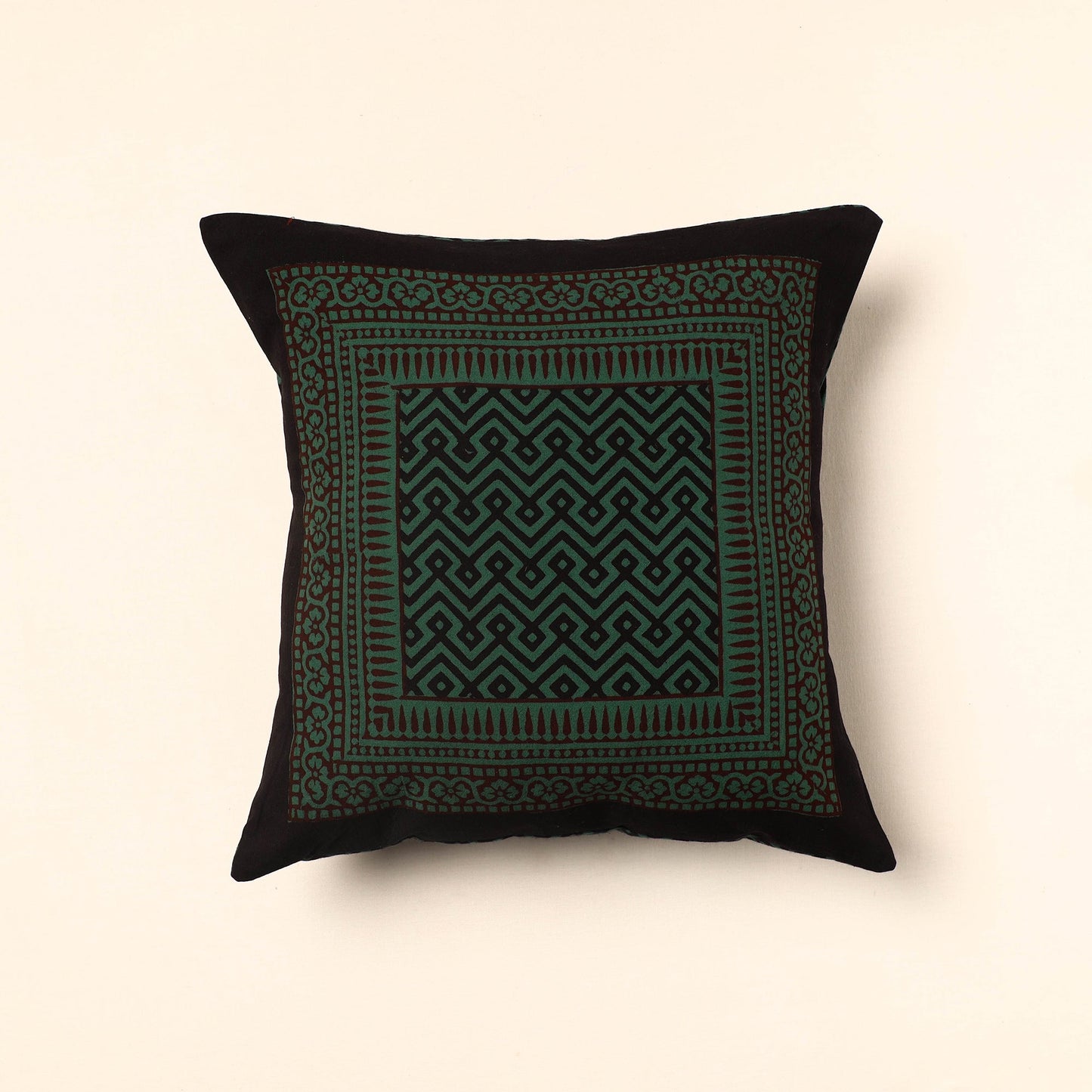 Green - Bagh Block Printed Cotton Cushion Cover (16 x 16 in) 06