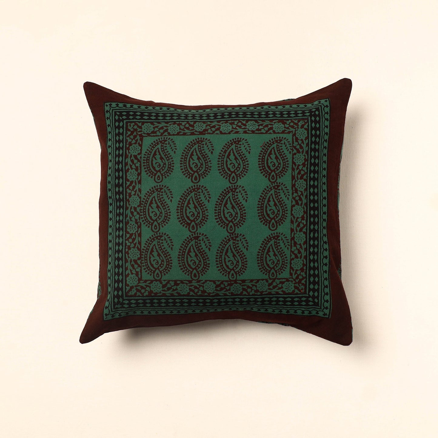 Green - Bagh Block Printed Cotton Cushion Cover (16 x 16 in) 14