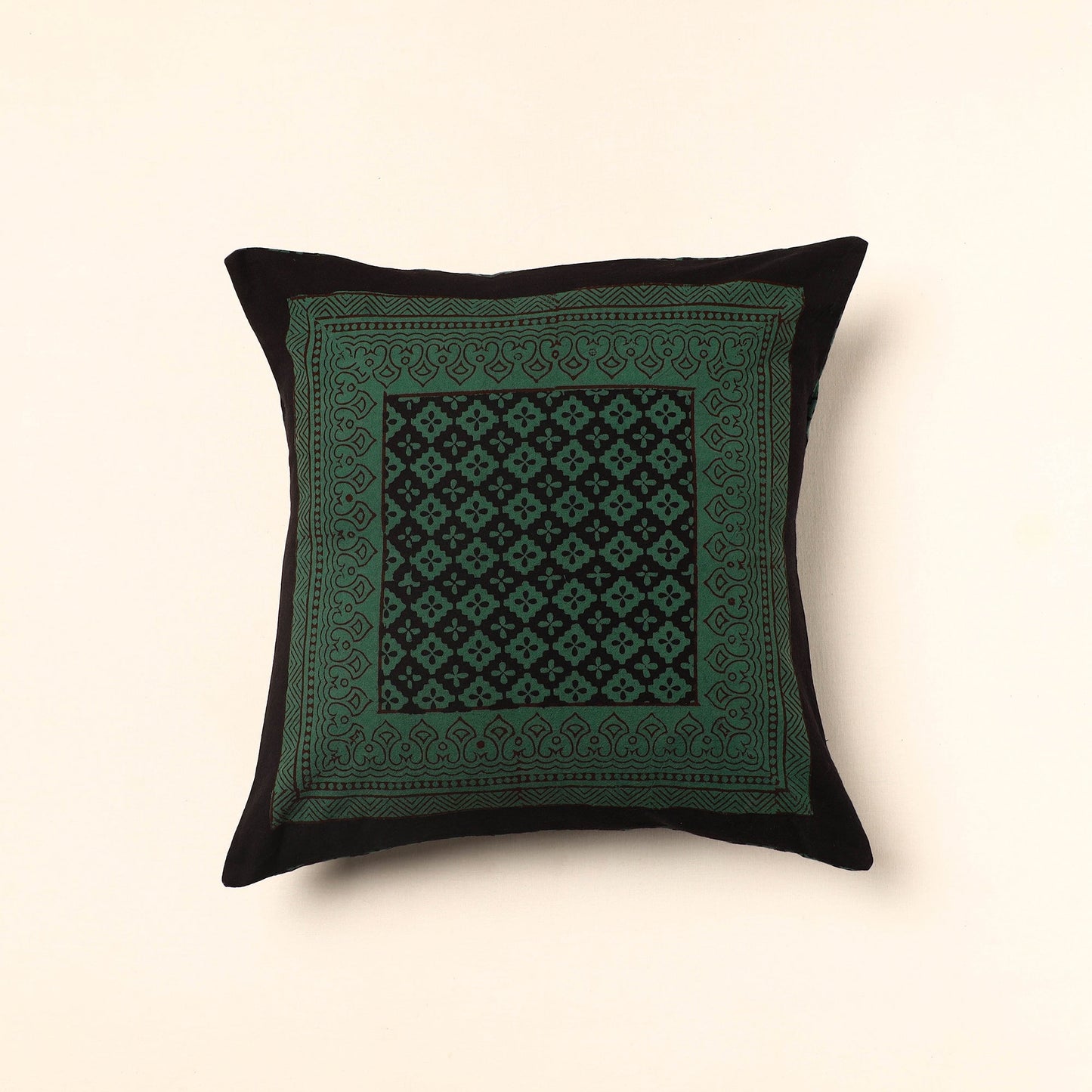 Green - Bagh Block Printed Cotton Cushion Cover (16 x 16 in) 16