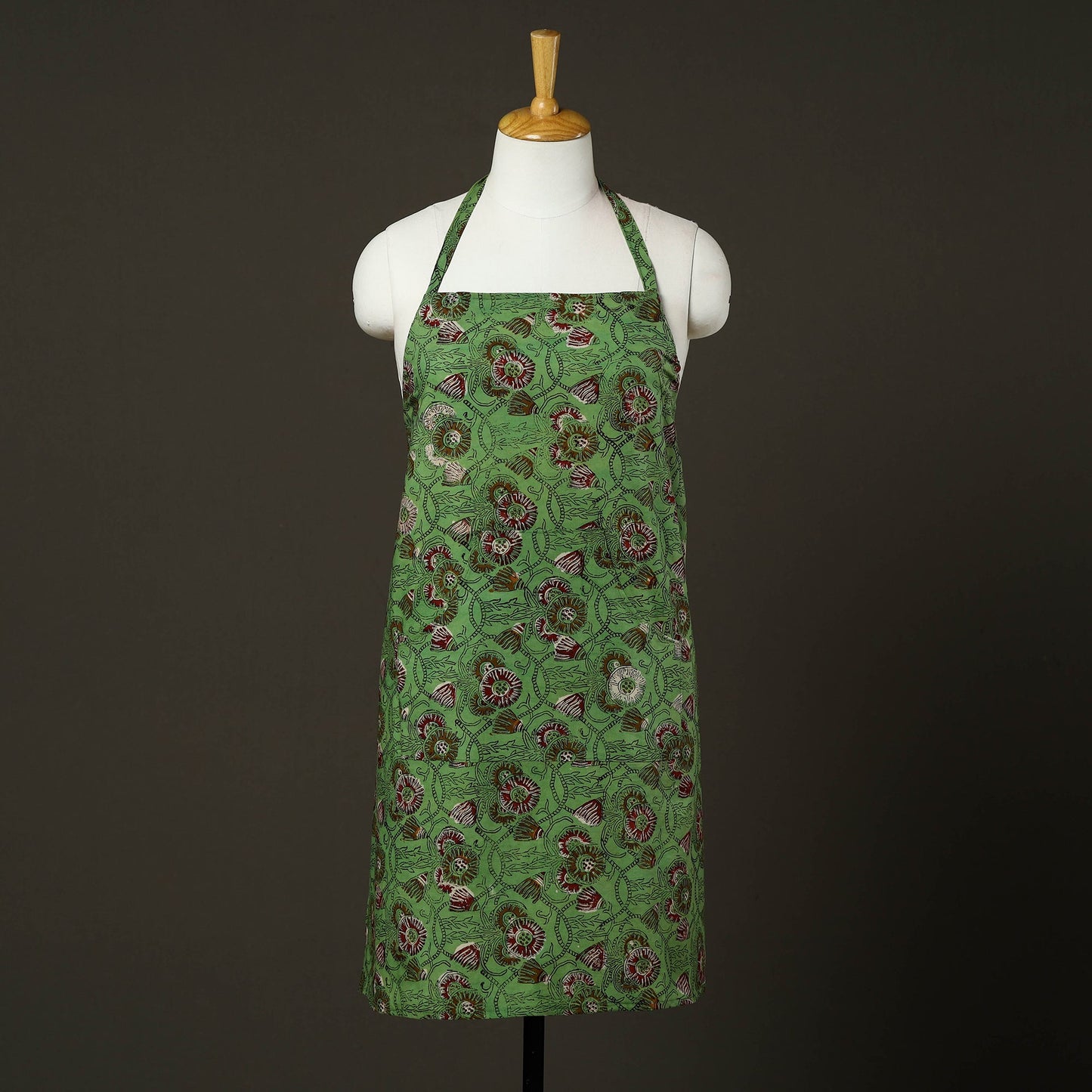  Green Bagru Block Print Cotton Apron with Pocket 