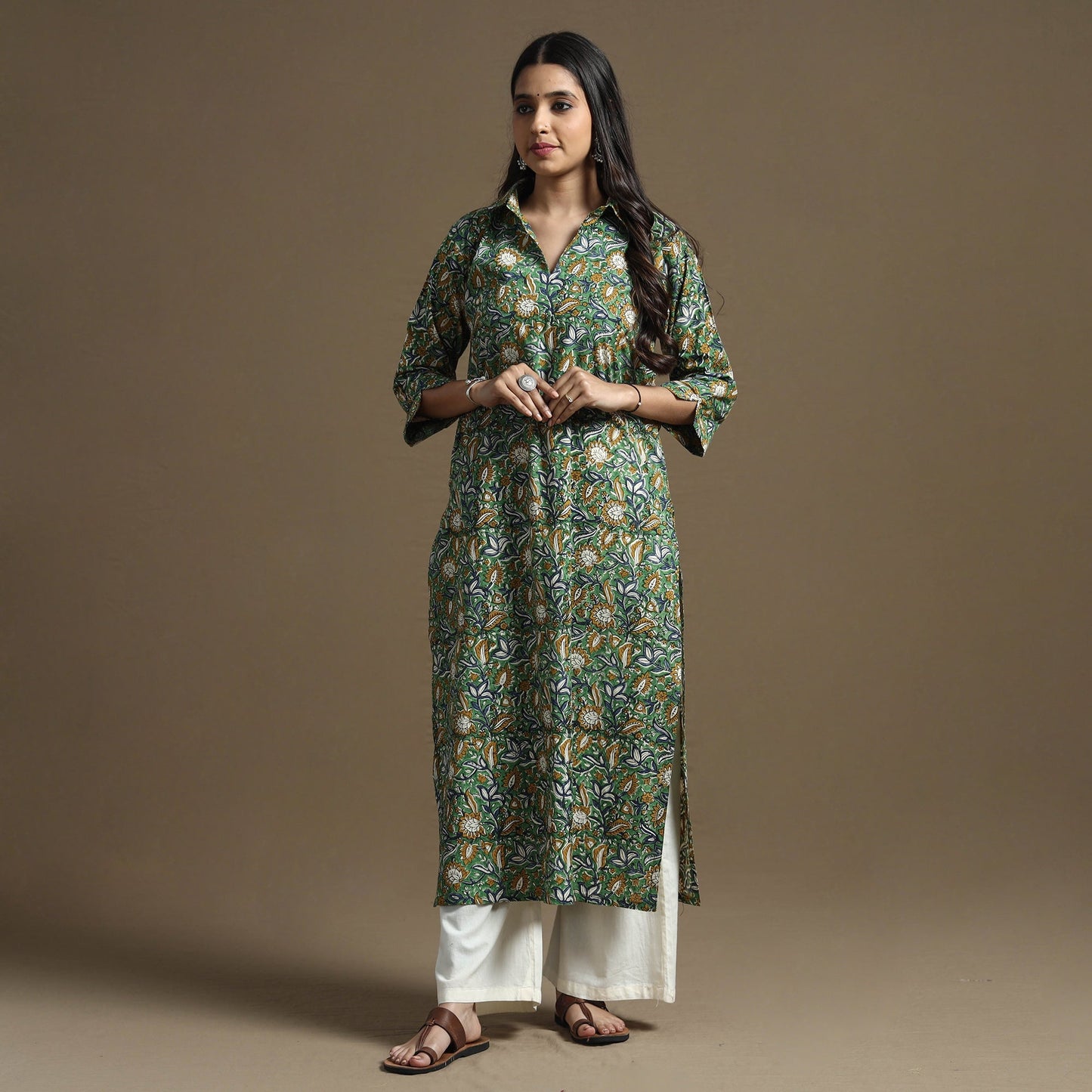 Green - bagru hand block printed cotton straight kurta