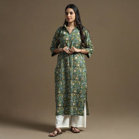 Green - bagru hand block printed cotton straight kurta