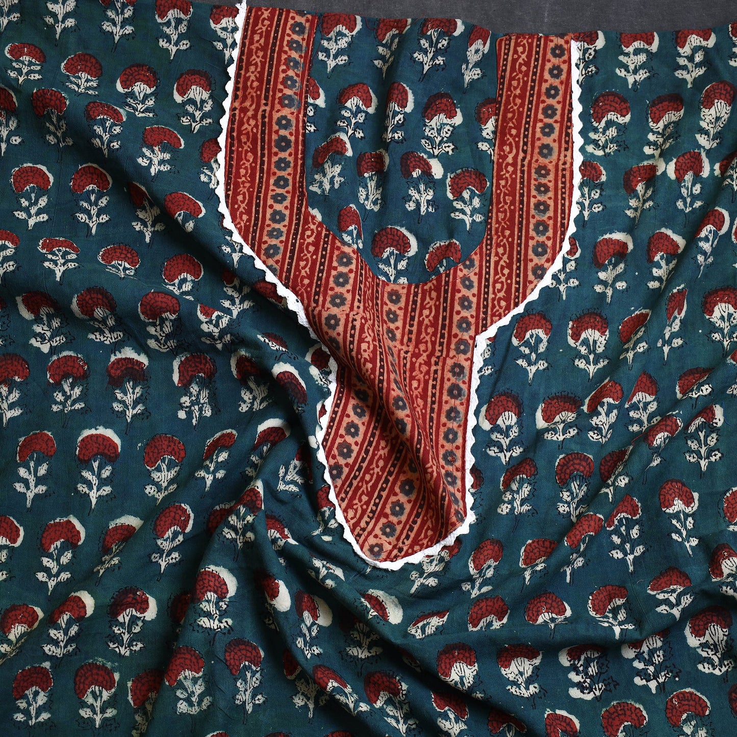 Buy Green Bagru Print Patchwork Cotton Kurta Material