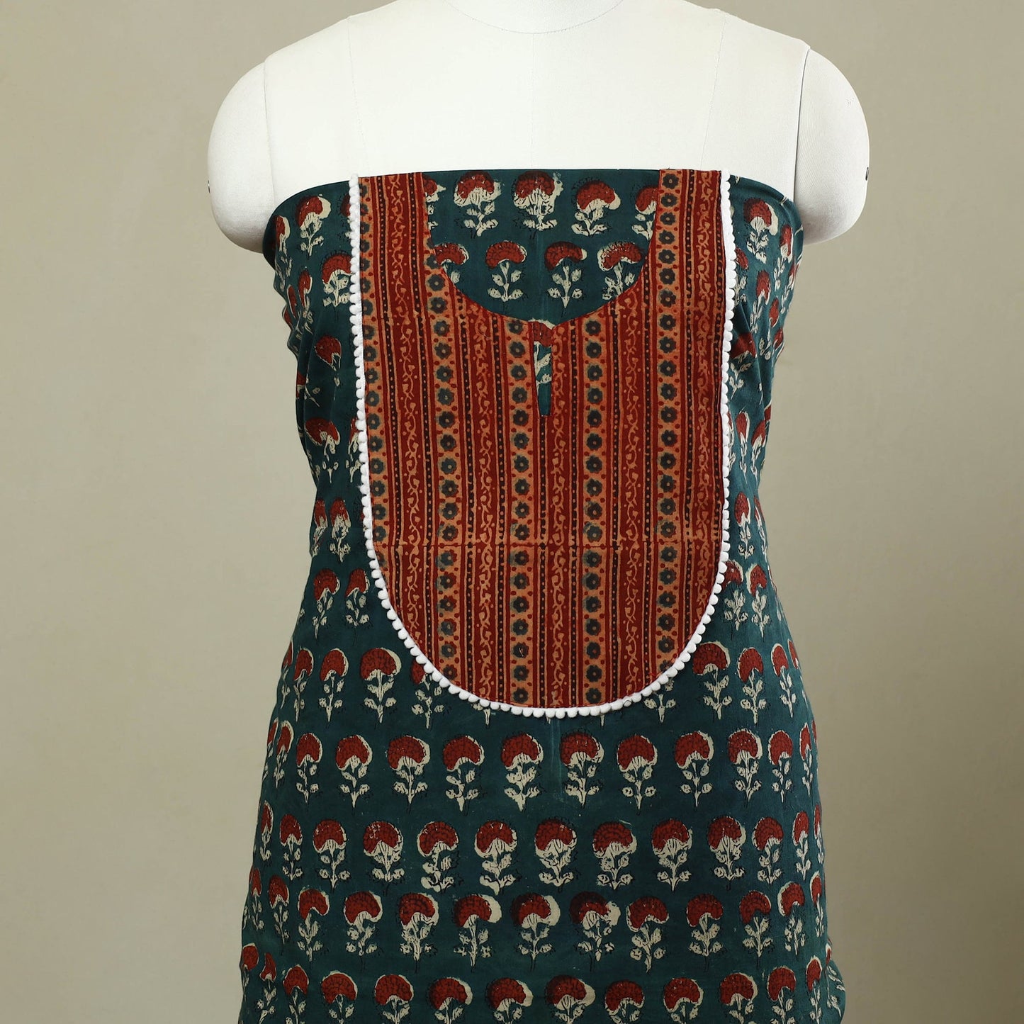 Green - bagru patchwork cotton unstitched kurta material