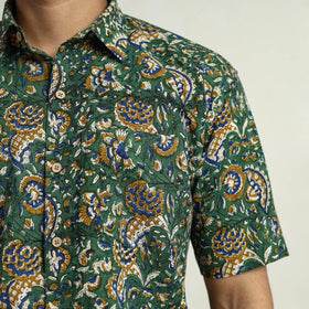 Green Bagru Block Printed Cotton Men Half Sleeve Shirt