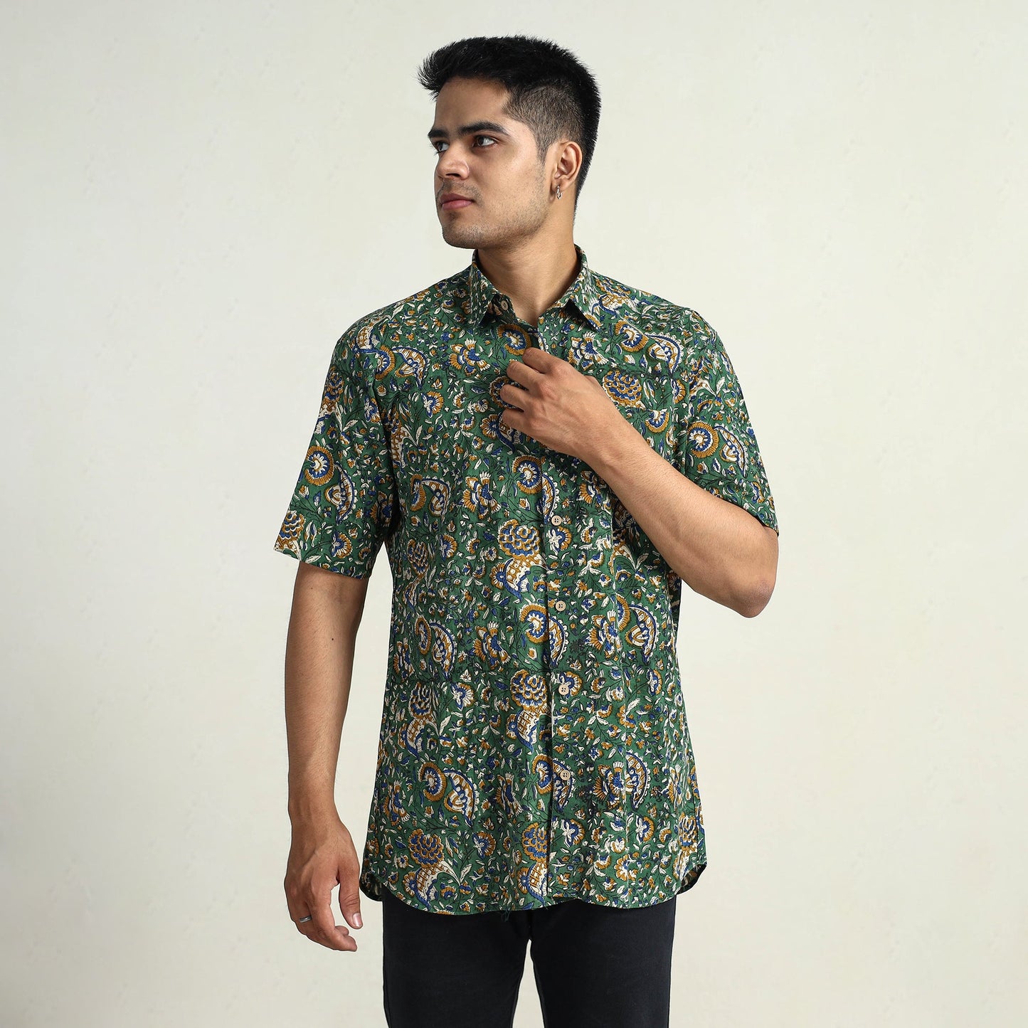 Green Bagru Block Printed Cotton Men Half Sleeve Shirt
