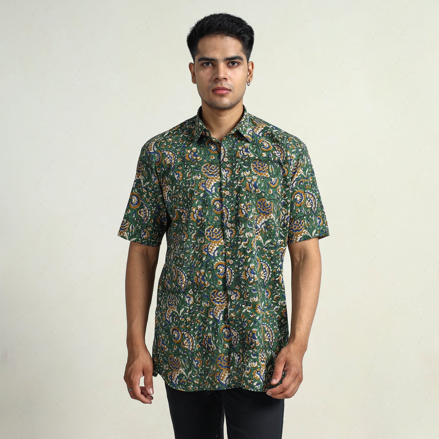 Green Bagru Block Printed Cotton Men Half Sleeve Shirt
