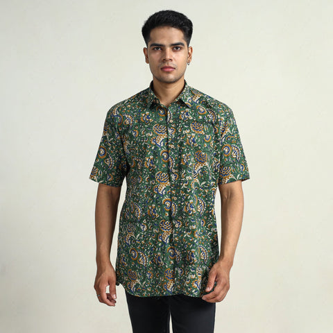 Green Bagru Block Printed Cotton Men Half Sleeve Shirt