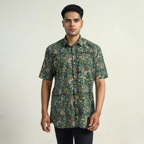 Green Bagru Block Printed Cotton Men Half Sleeve Shirt