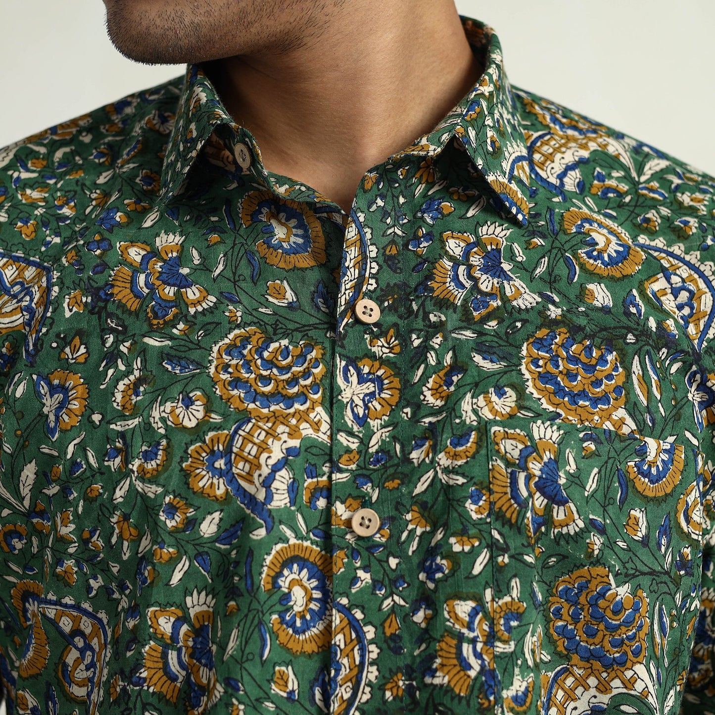 Green Bagru Block Printed Cotton Men Half Sleeve Shirt