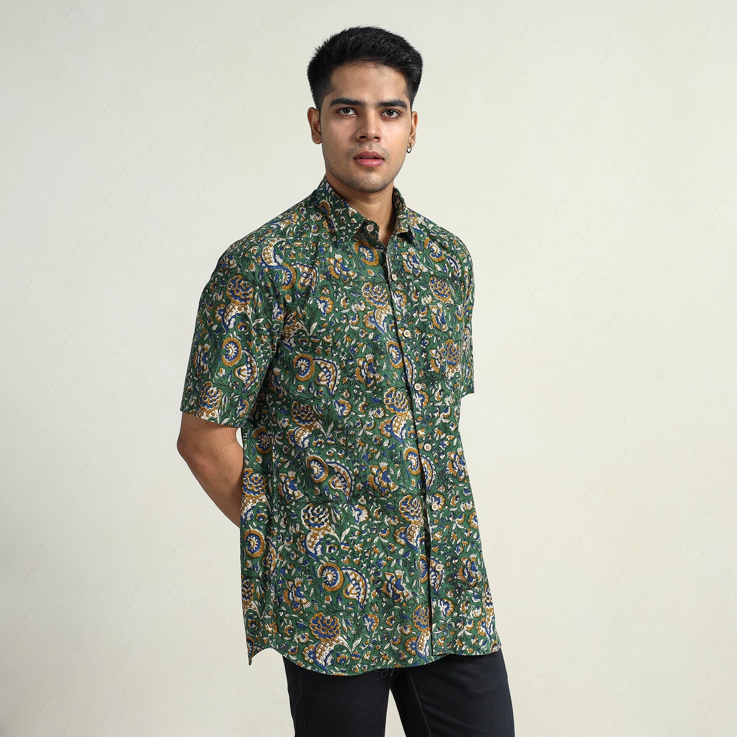 Green Bagru Block Printed Cotton Men Half Sleeve Shirt