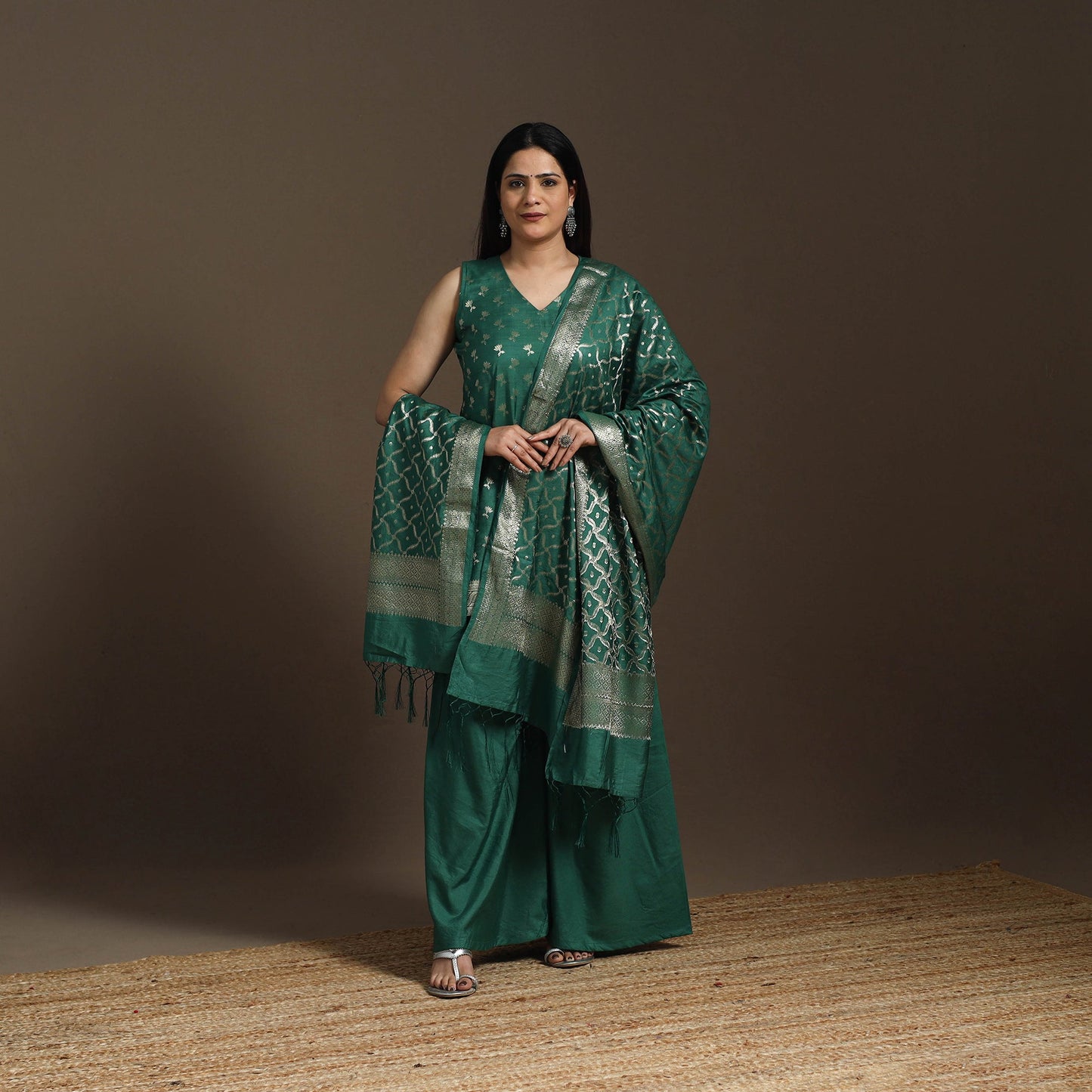 Green - banarasi tanchoi silk cotton palaazo set for women