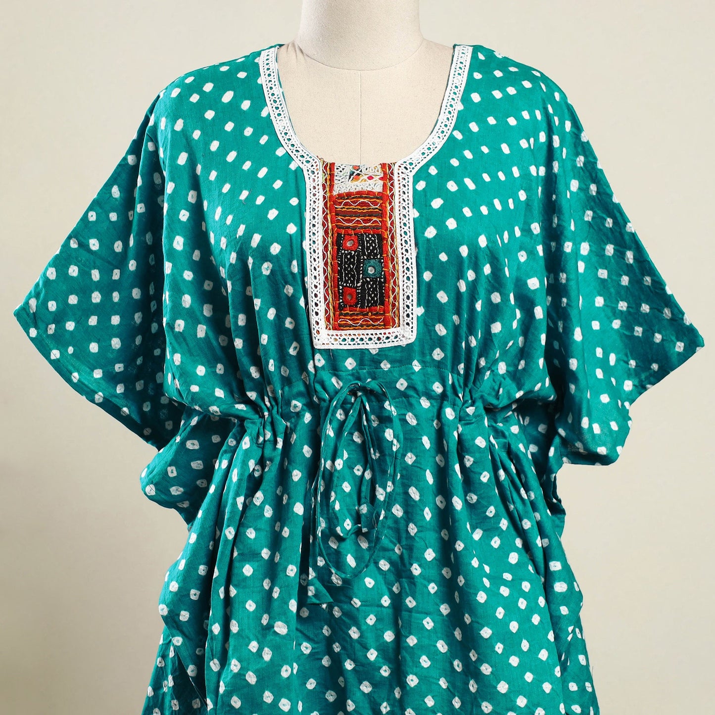 Green - bandhani cotton kaftan with desert embroidery