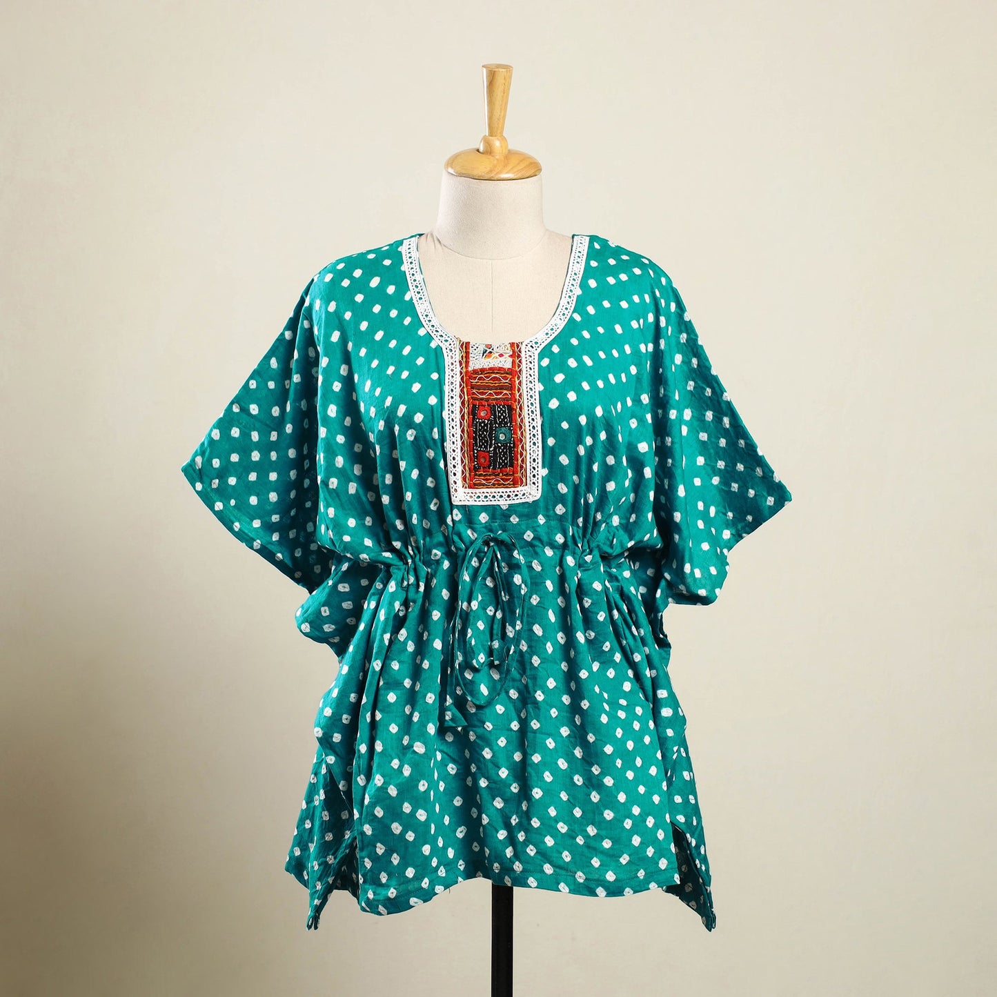 Green - bandhani cotton kaftan with desert embroidery