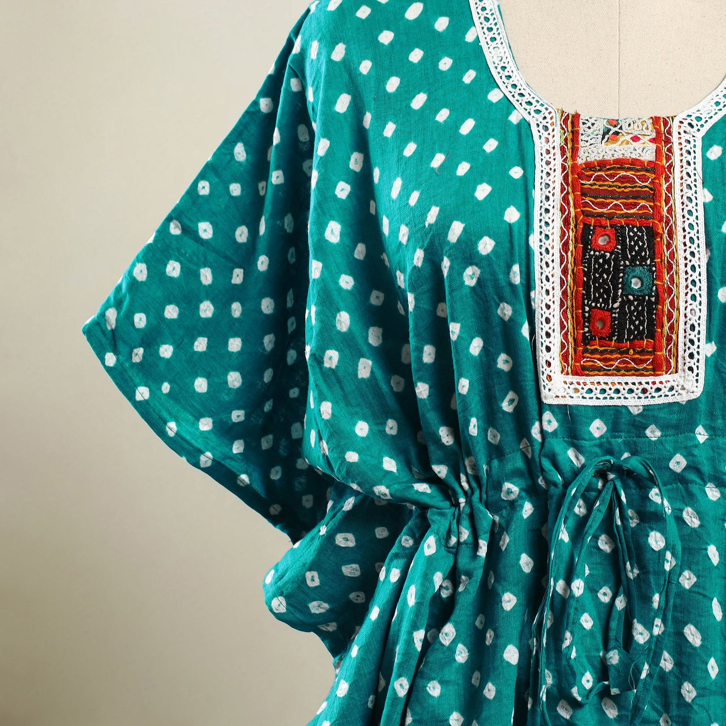 Green - bandhani cotton kaftan with desert embroidery