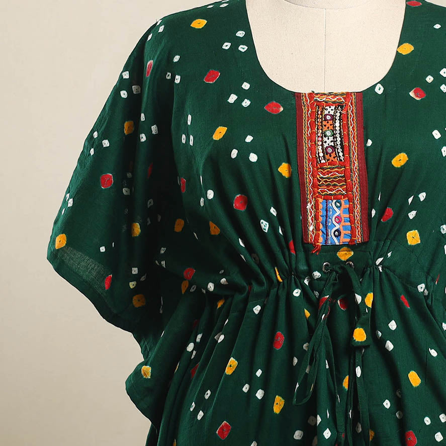 Buy Green Bandhani Cotton Kaftan with Desert Thread Embroidery