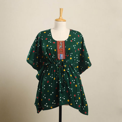 Buy Green Bandhani Cotton Kaftan with Desert Thread Embroidery