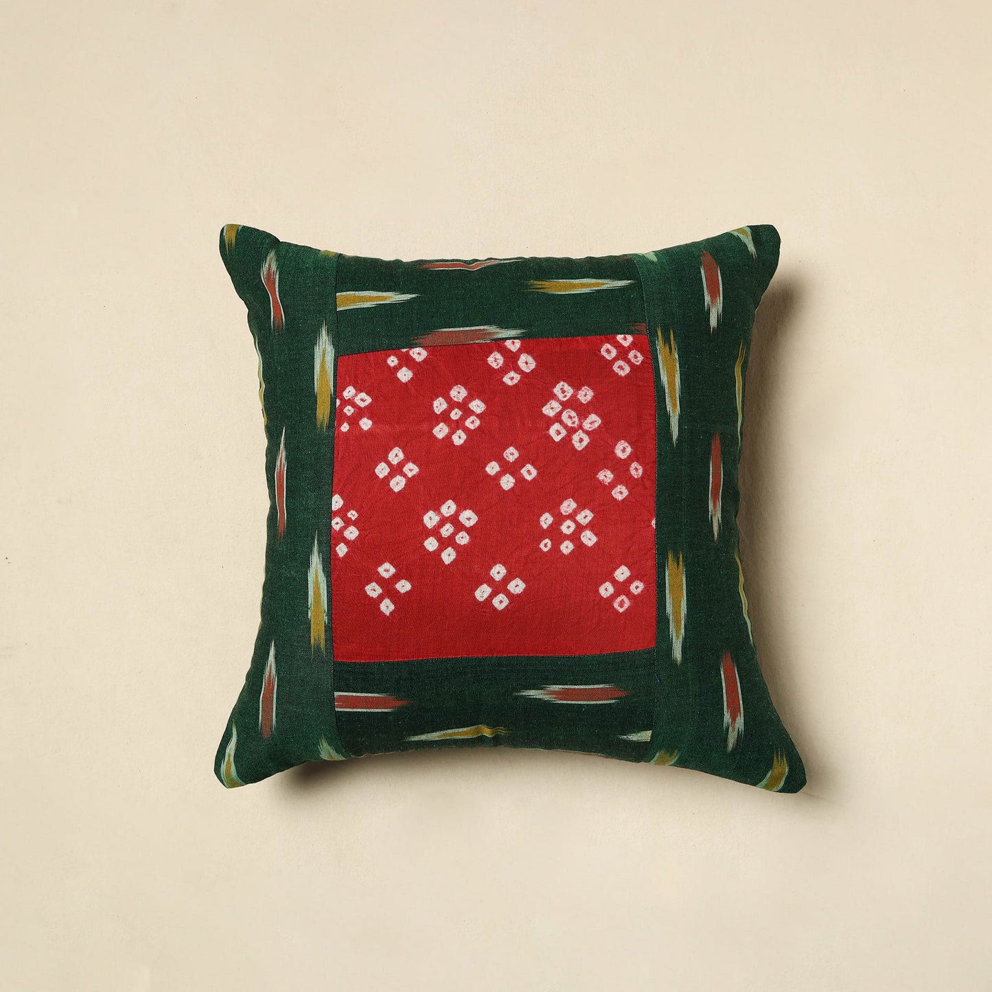 Green Bandhani Patch Ikat Cushion Cover