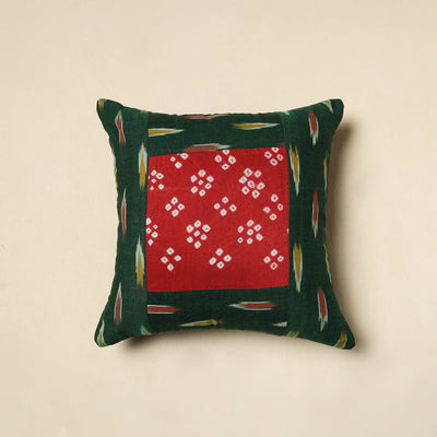 Green Bandhani Patch Ikat Cushion Cover