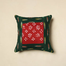 Green Bandhani Patch Ikat Cushion Cover