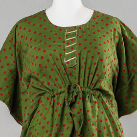 Green - Bandhani Tie-Dye Cotton Kaftan with Tie-Up Waist (Short)