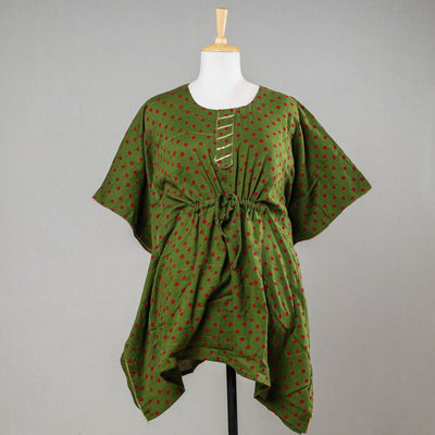 Green - Bandhani Tie-Dye Cotton Kaftan with Tie-Up Waist (Short)