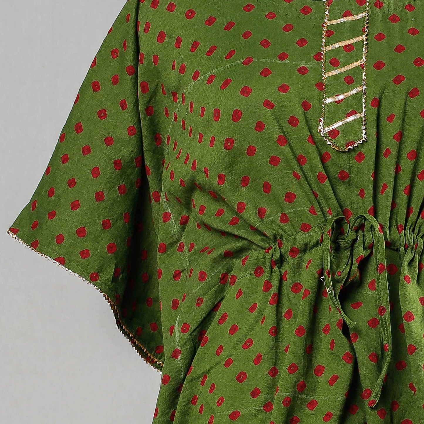Green - Bandhani Tie-Dye Cotton Kaftan with Tie-Up Waist (Short)