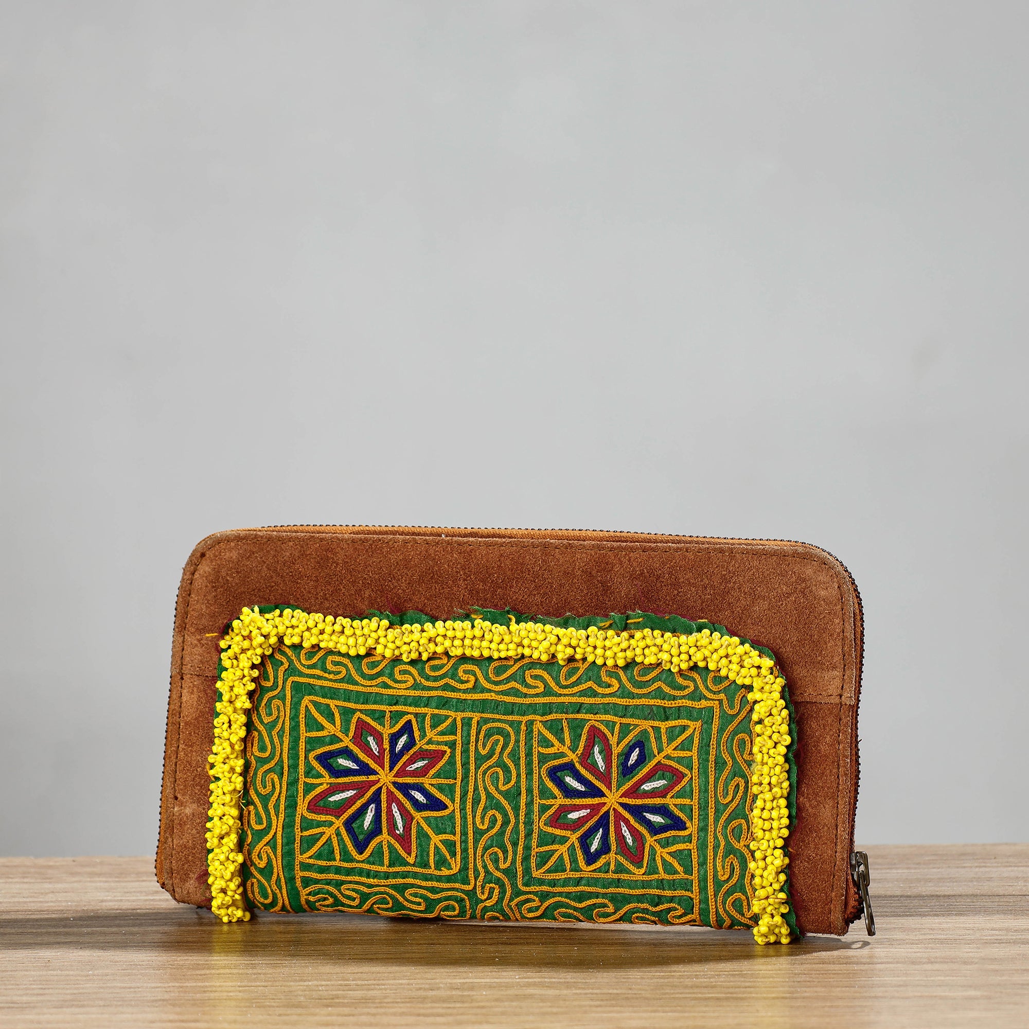 Green Banjara Vintage Embroidery Beadwork Suede Leather Wallet