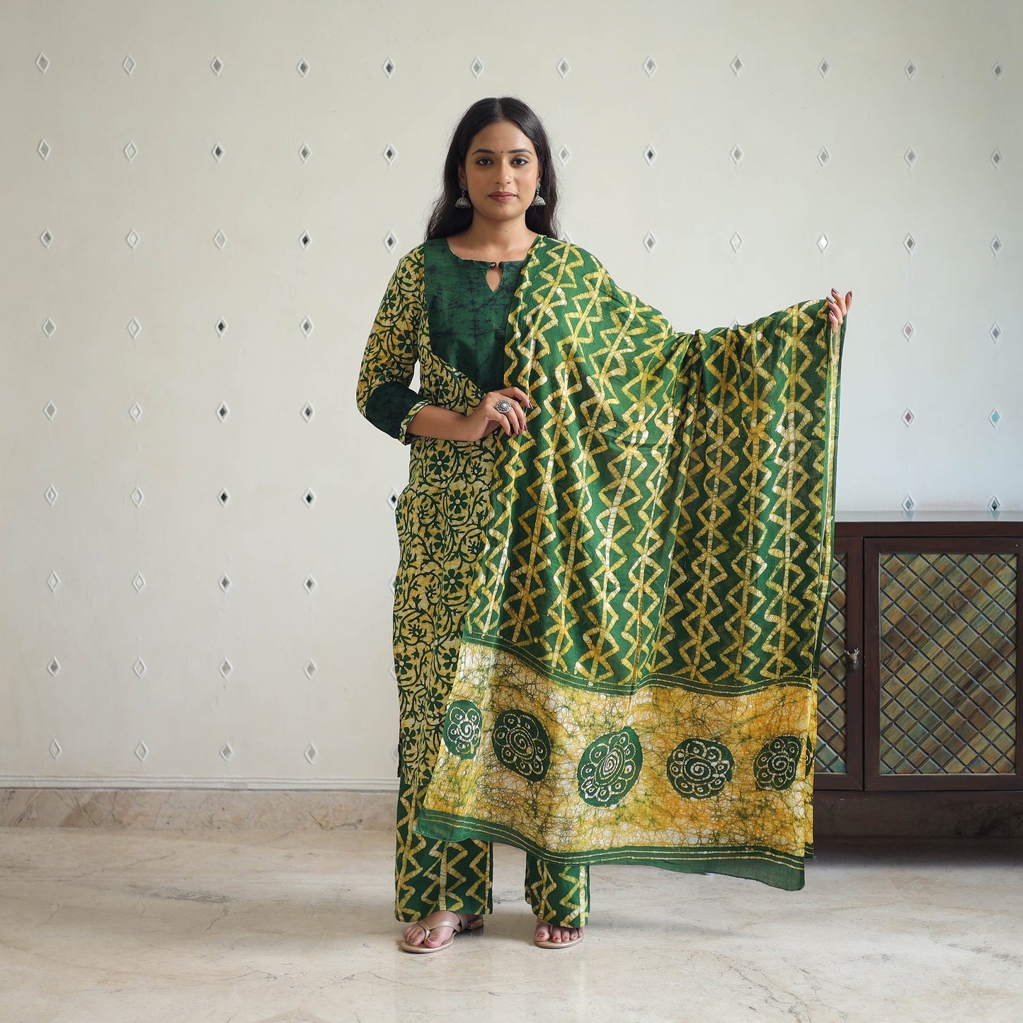 Green - batik cotton kurta with palazzo & dupatta suit set