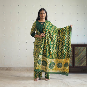 Green - batik cotton kurta with palazzo & dupatta suit set