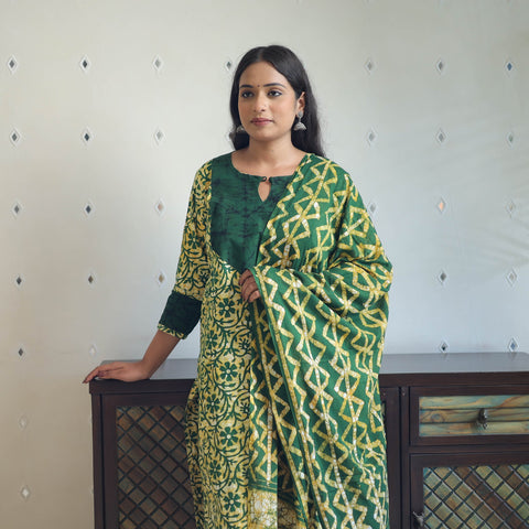 Green - batik cotton kurta with palazzo & dupatta suit set