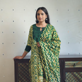 Green - batik cotton kurta with palazzo & dupatta suit set