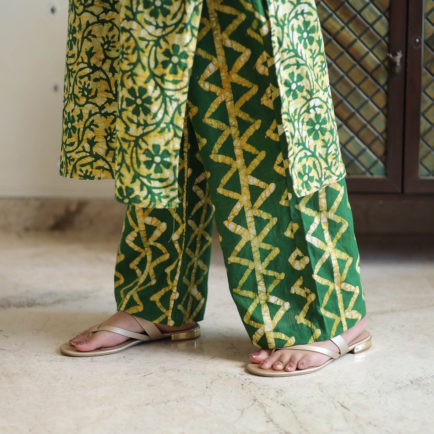 Green - batik cotton kurta with palazzo & dupatta suit set