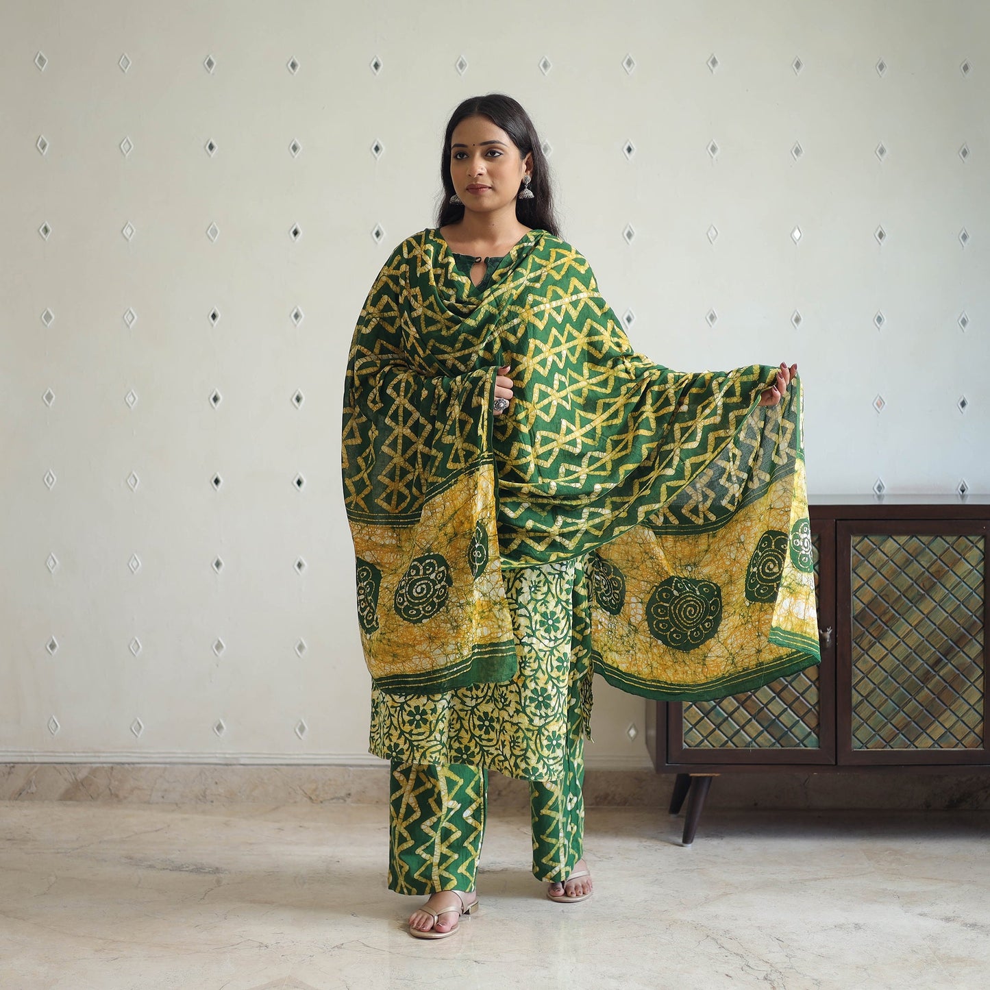 Green - batik cotton kurta with palazzo & dupatta suit set