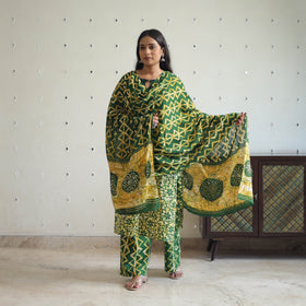 Green - batik cotton kurta with palazzo & dupatta suit set