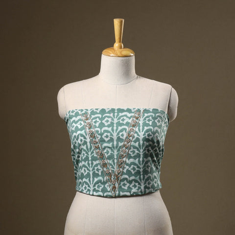 Green Batik Print Hand Embroidery Cotton Blouse Piece 