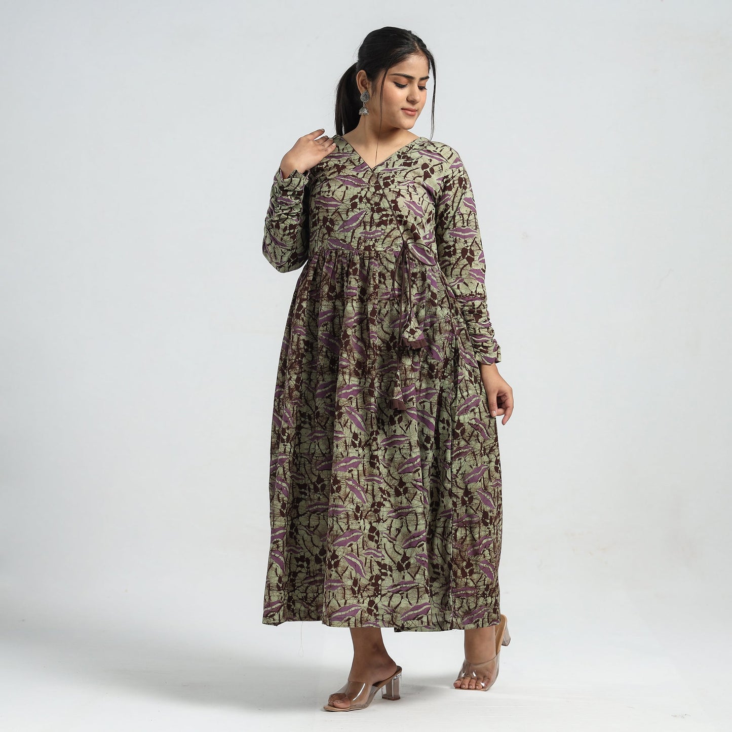 Green - Batik Printed Cotton Angrakha Flared Dress