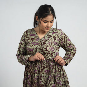Green - Batik Printed Cotton Angrakha Flared Dress