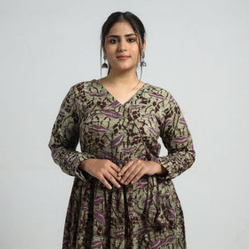 Green - Batik Printed Cotton Angrakha Flared Dress
