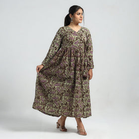 Green - Batik Printed Cotton Angrakha Flared Dress