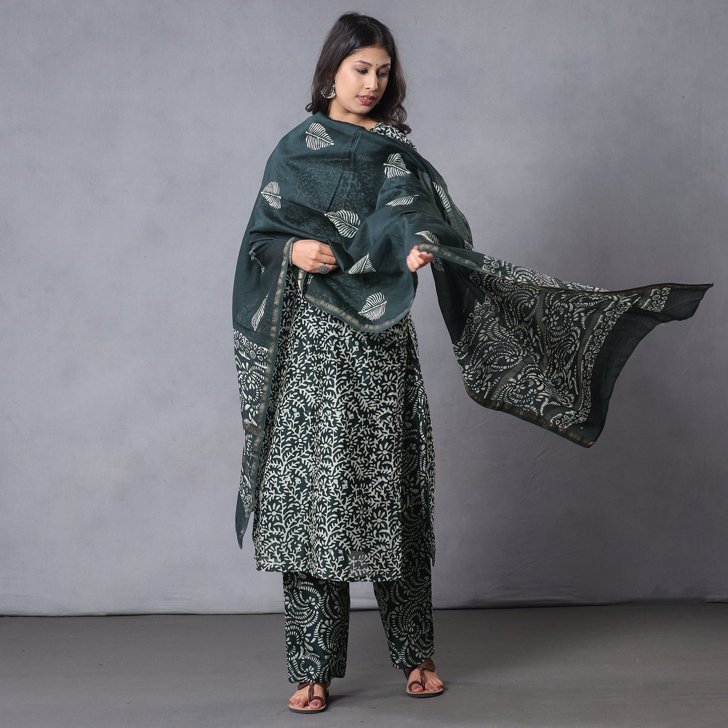 Green - Batik Printing Chanderi Silk Kurta with Palazzo & Dupatta Set