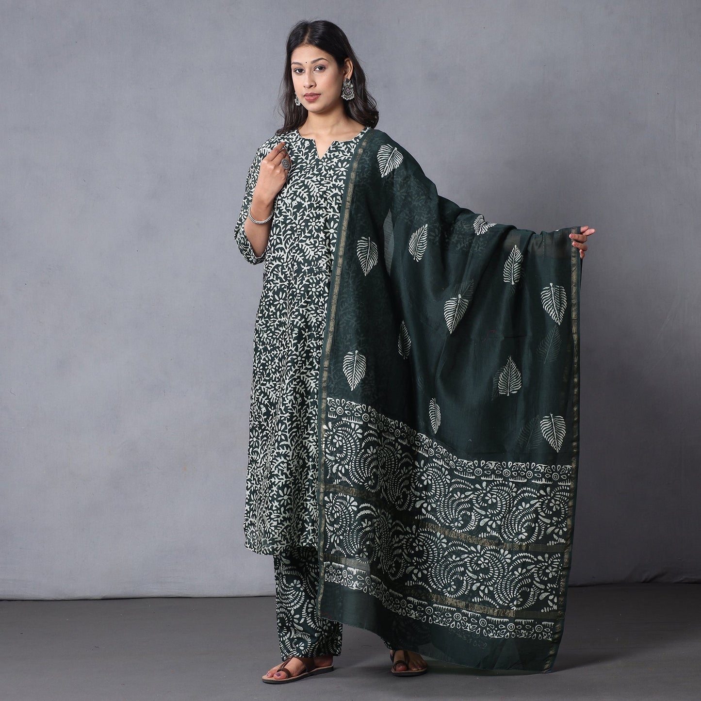 Green - Batik Printing Chanderi Silk Kurta with Palazzo & Dupatta Set