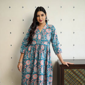 Buy Green Beadwork Flared Cotton Block Print Sanganeri Kurta
