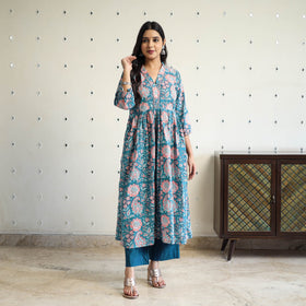 Buy Green Beadwork Flared Cotton Block Print Sanganeri Kurta